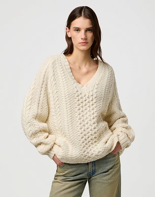 Sweter Damski Wrangler V Neck Cable Knit Ivory 112370801