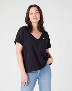 T-shirt Damski Wrangler Drapey V Neck Tee Black W7XKEV100