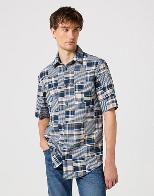 Koszula Męska Wrangler Ss 1 Pkt Shirt Blue Patchwork W112350504